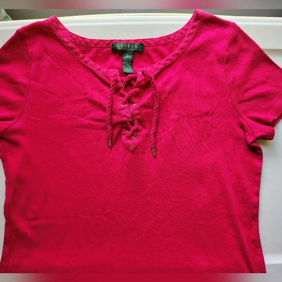Lauren Ralph Lauren top blouse V-neck tie, cotton casual outfits Colorful Large. - Picture 2 of 11